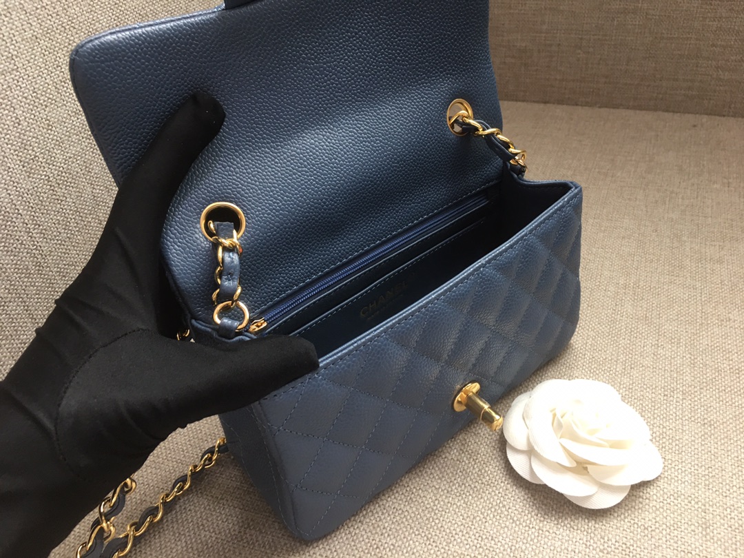 Small Classic Flap Caviar Bag A01116 Dark Blue/Gold